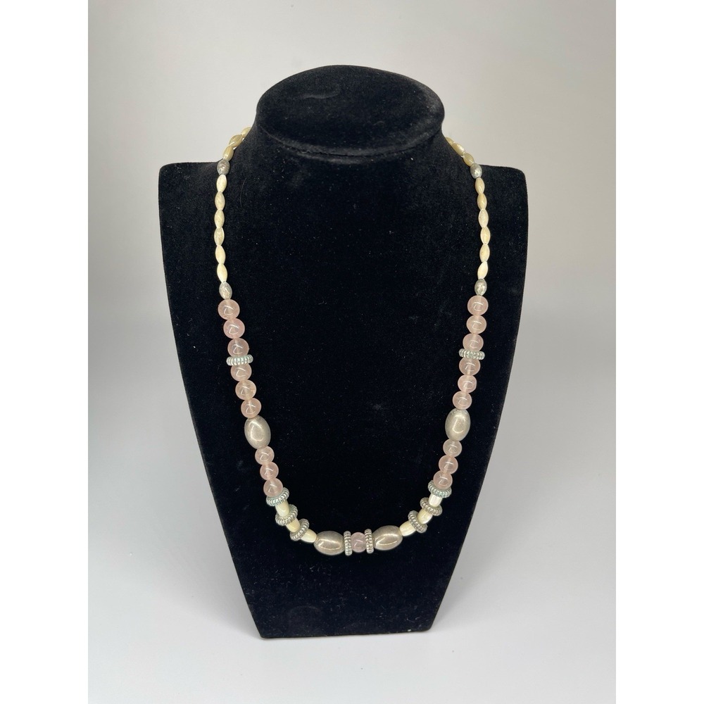 Rose‎ Quartz Mother of Pearl Beaded Necklace Silver Tone Accents 18in